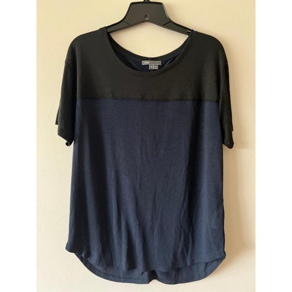 Vince Silk Short Sleeve Black Navy Blue Top Medium